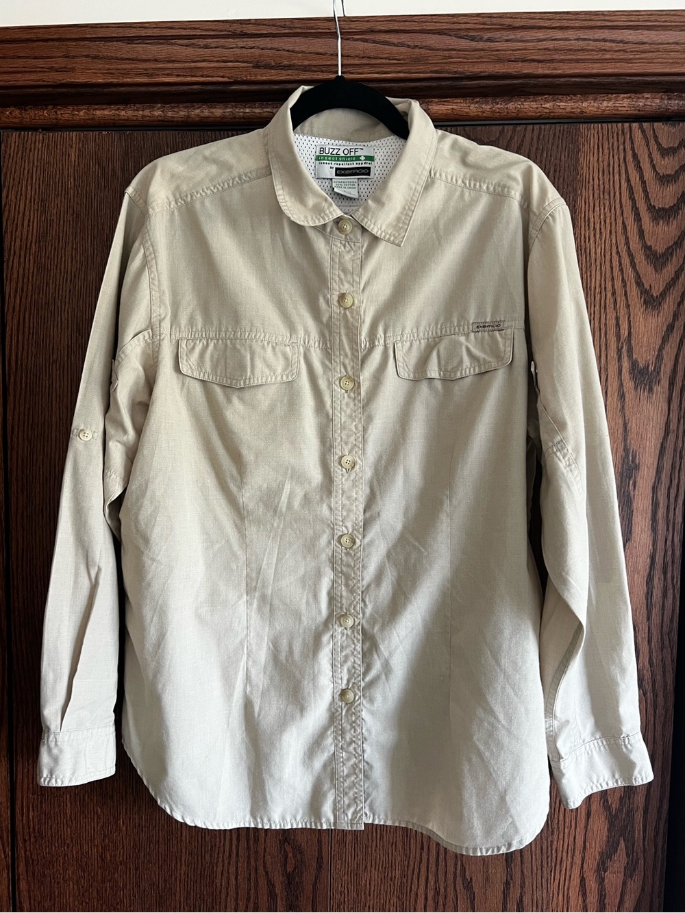 Women’s Long-Sleeve Beige Button-Up Shirt